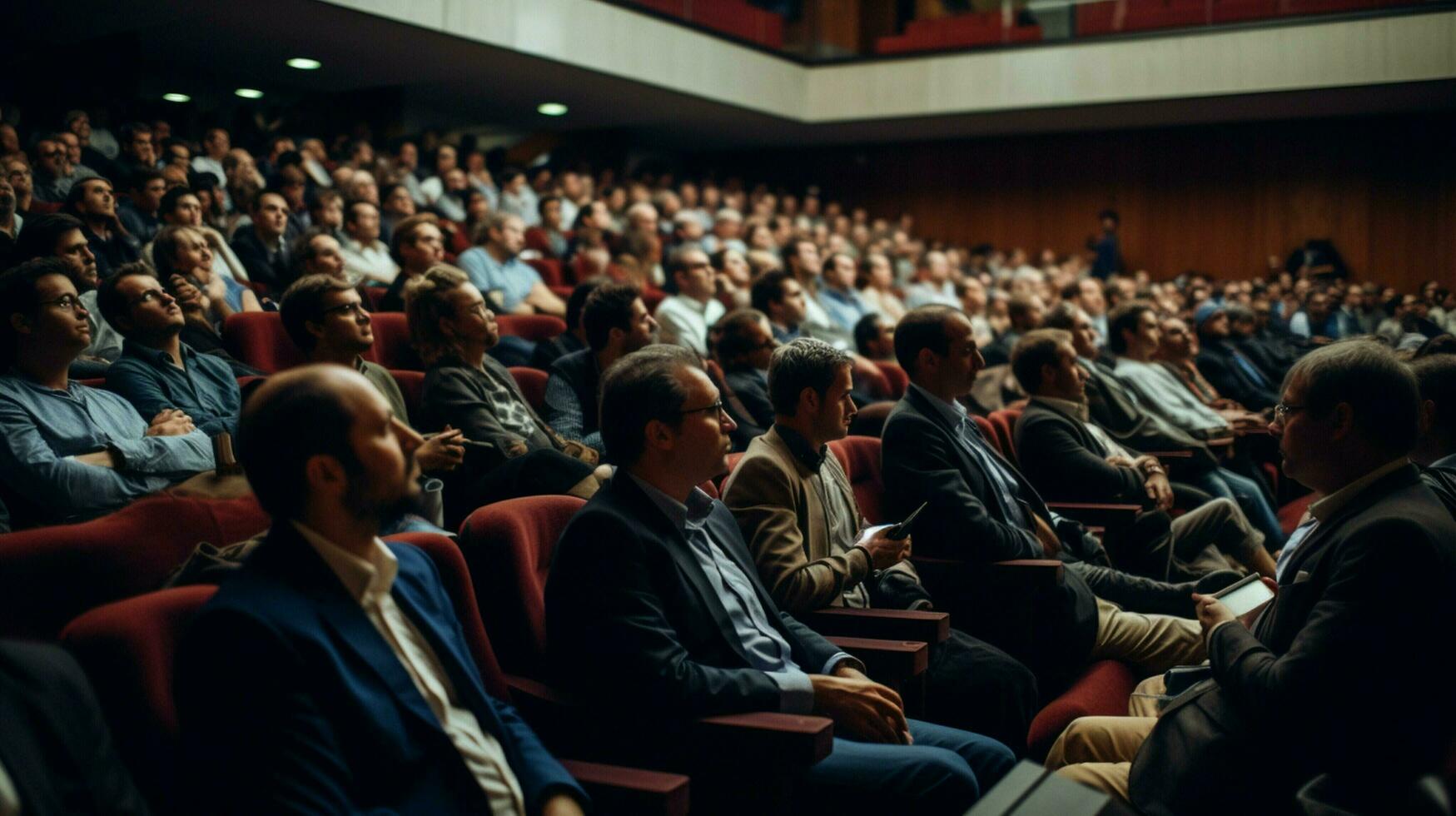 large group of people sitting in auditorium watching photo