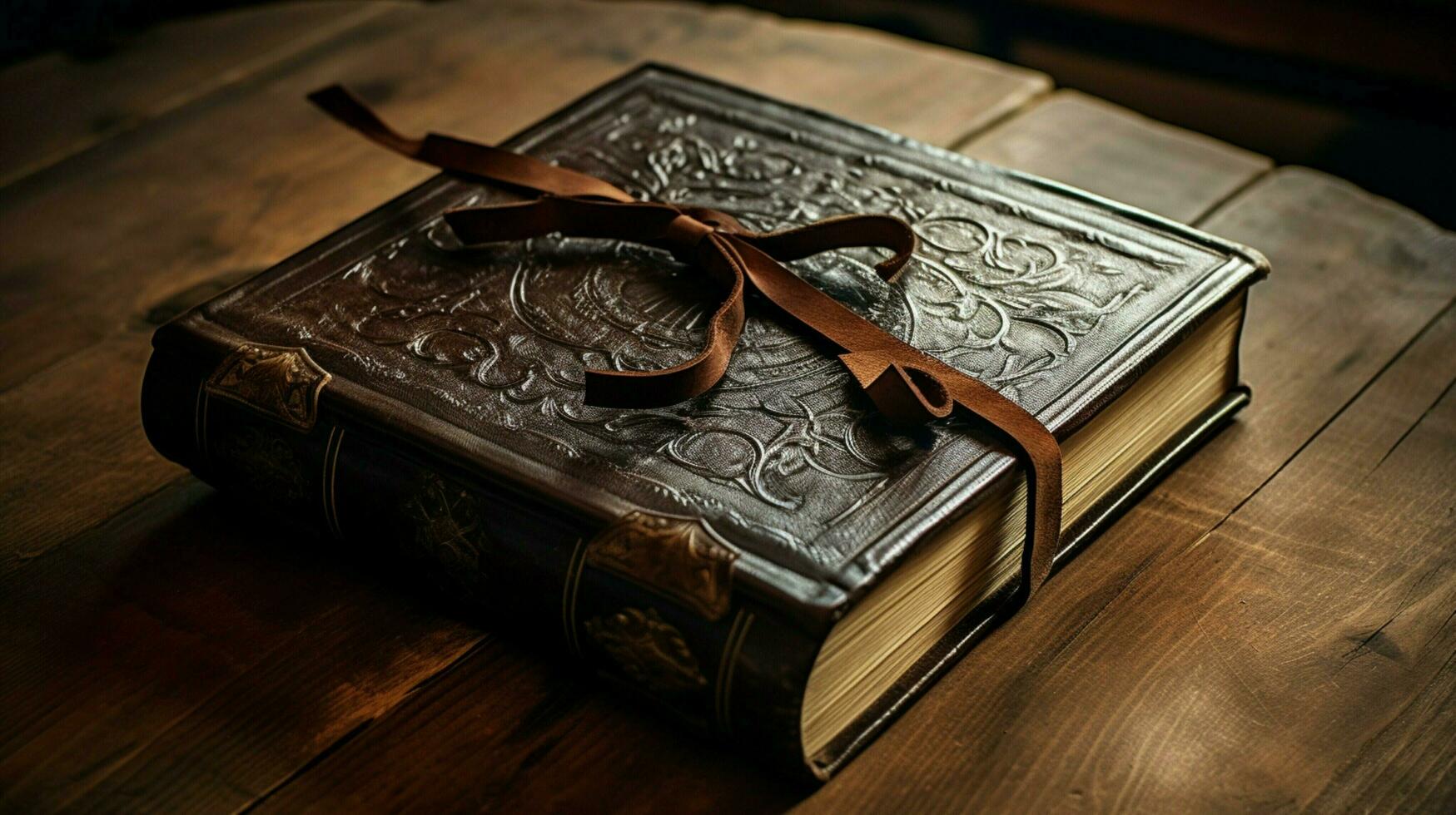 leather bound antique bible closed on wooden table photo