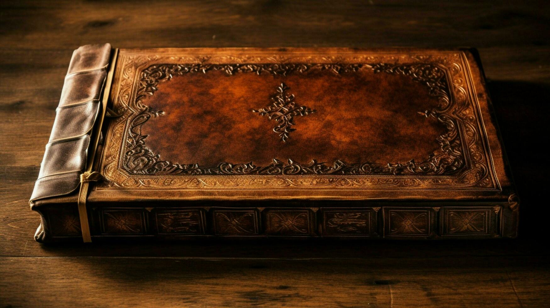 leather bound antique bible closed on wooden table photo