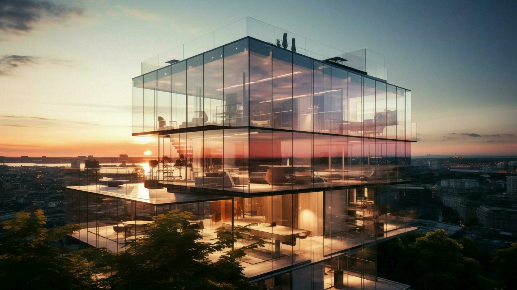 luxury apartment building with glass facade reflects suns photo