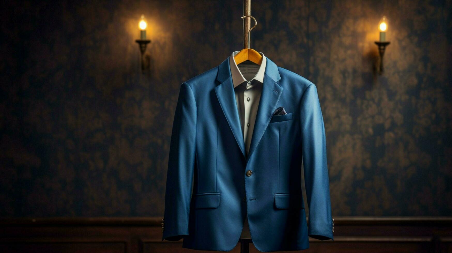 luxury blue suit jacket on coathanger background photo