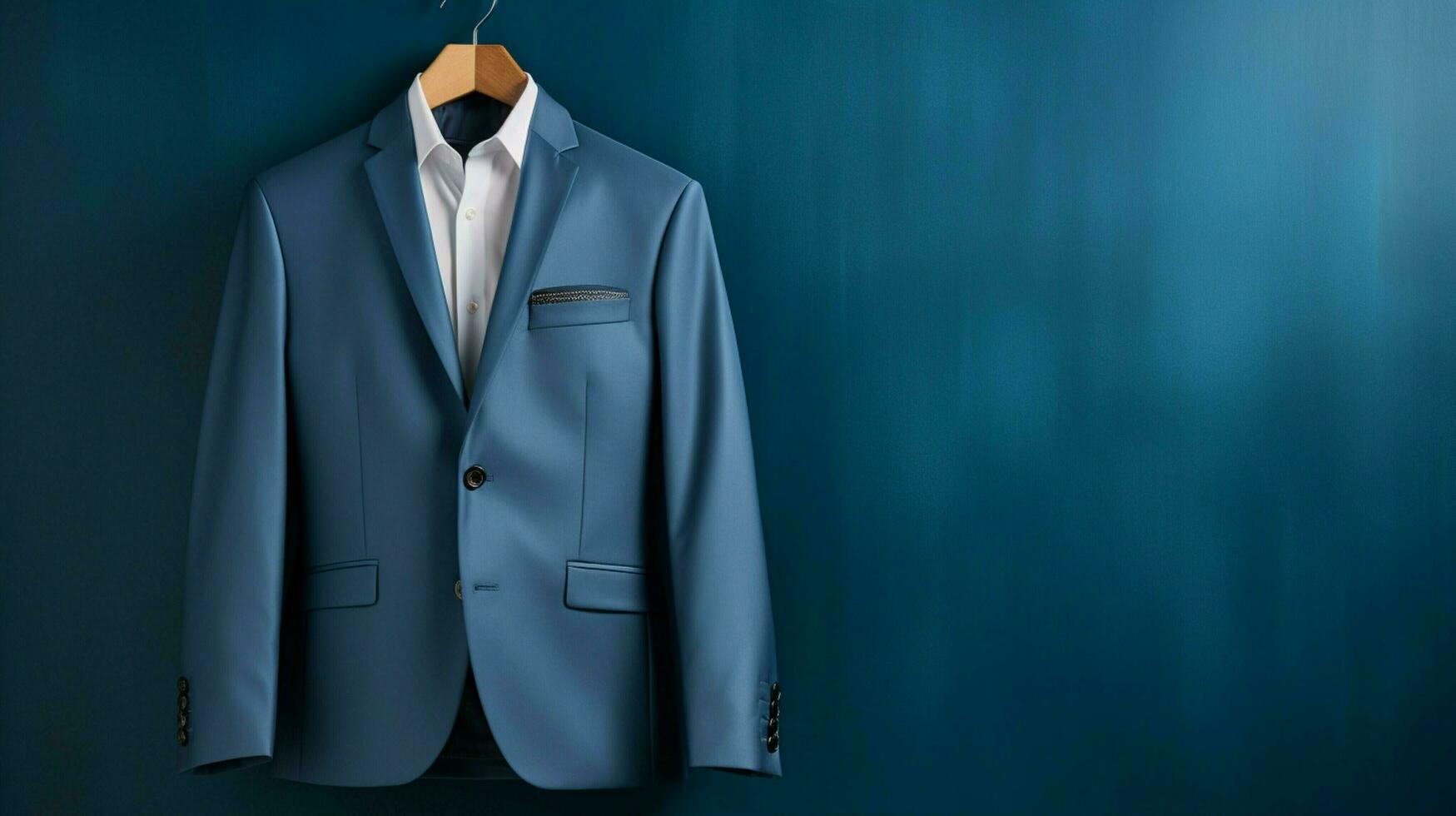 luxury blue suit jacket on coathanger background photo