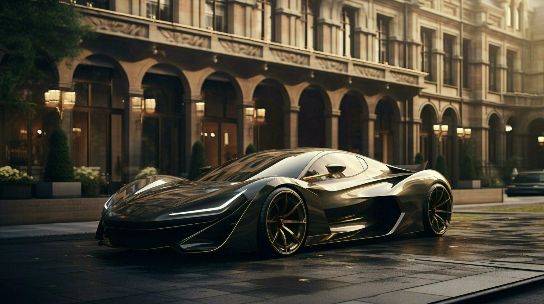 luxury car parked outside elegant modern building photo