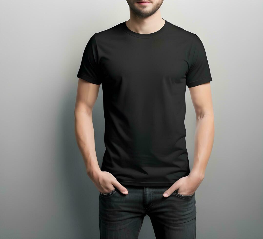 Young man wearing blank black t shirt mockup print presentation mockup ai generate photo