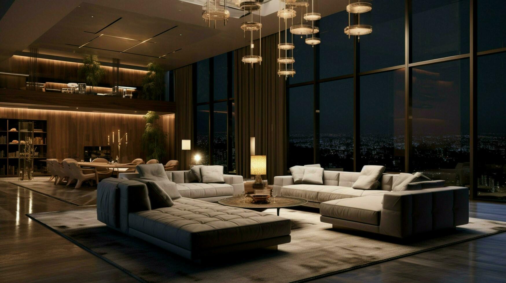 luxury modern living room illuminated by lantern photo