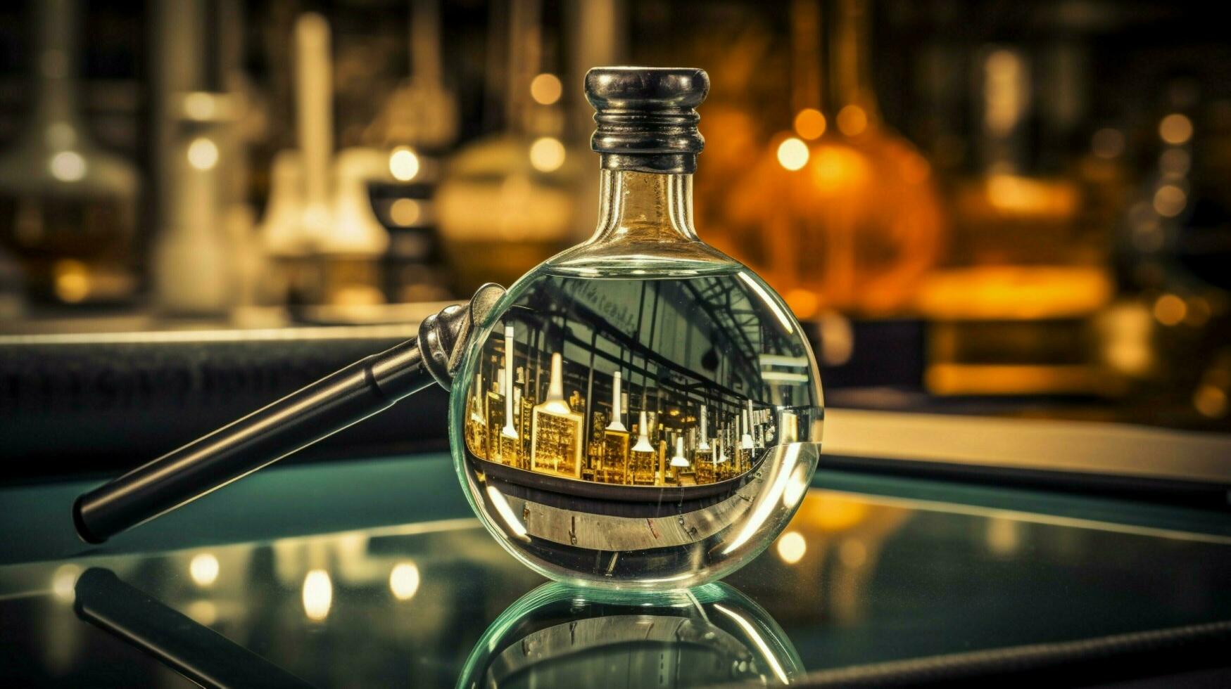 magnifying glass magnifies metal bottle in laboratory photo