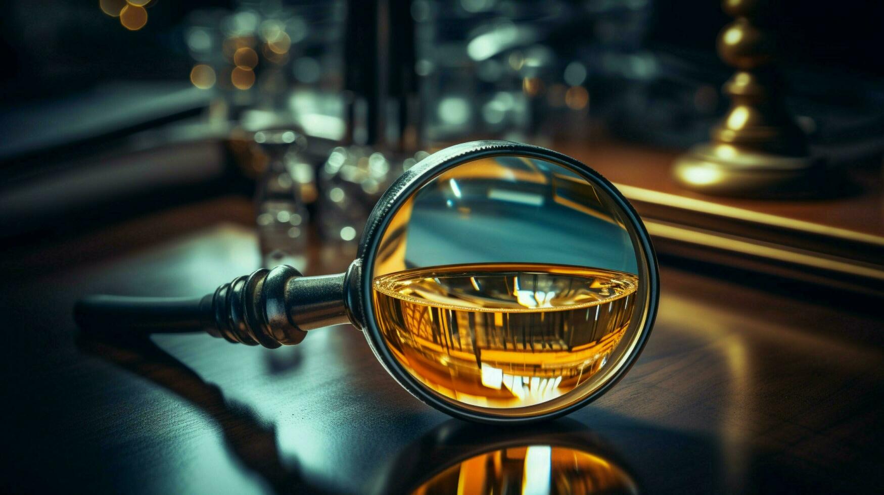 magnifying glass magnifies metal bottle in laboratory photo