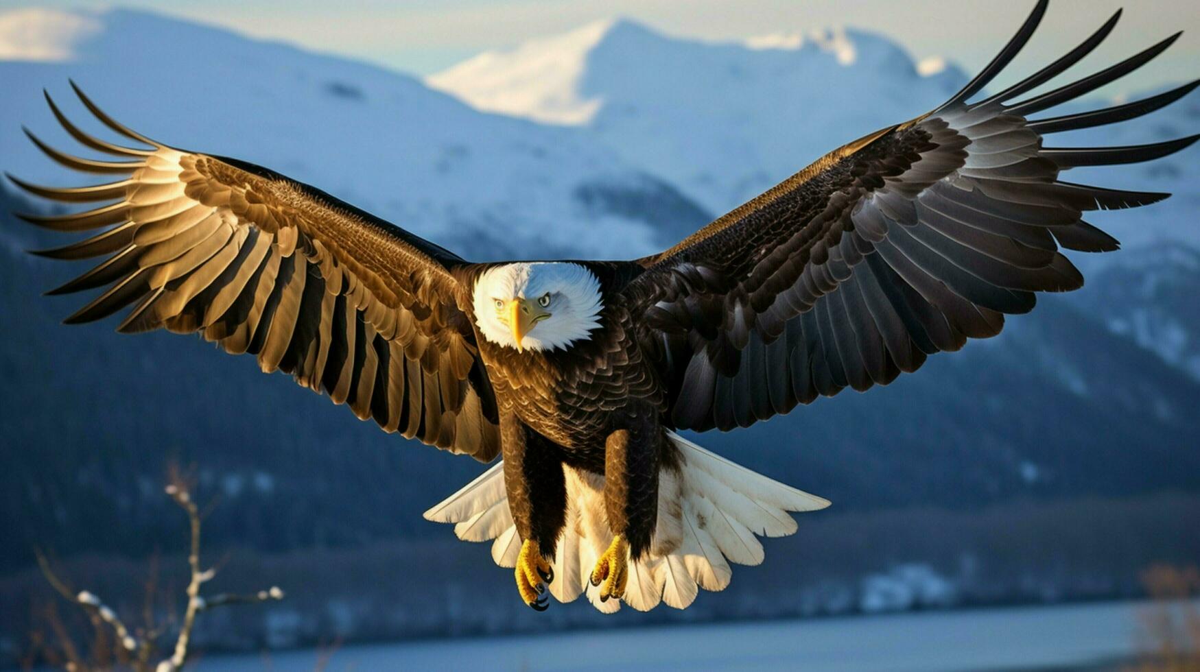 majestic bald eagle spreads wings in mid air photo