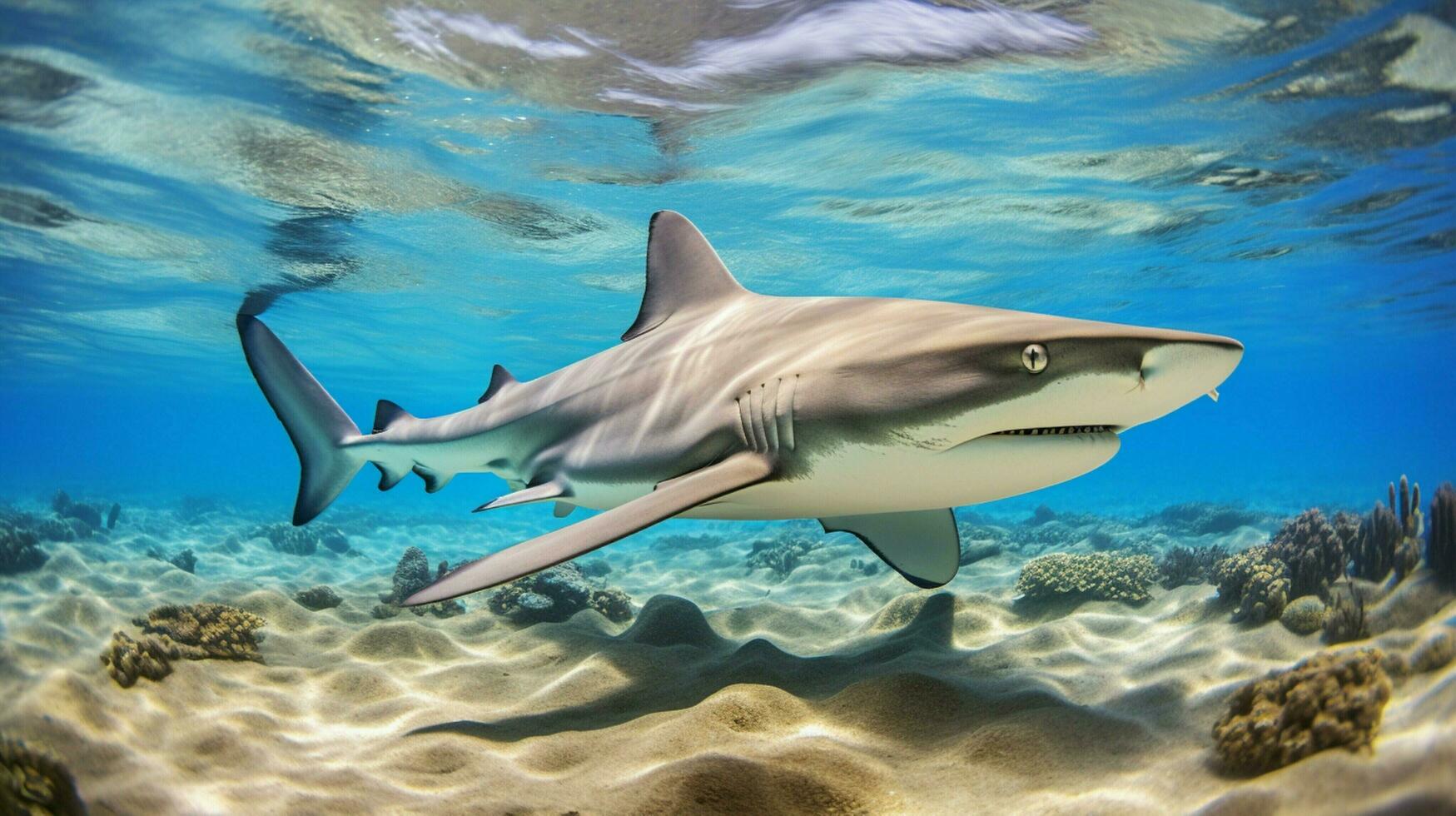 majestic blacktip reef shark swimming in deep water photo