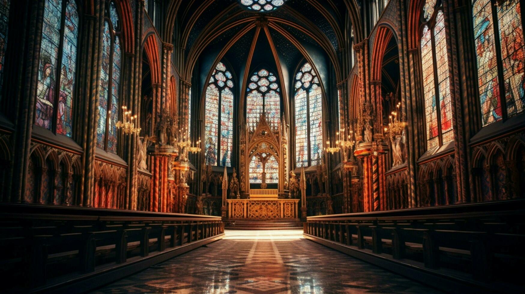 majestuoso catedral con manchado vaso ventanas y altar foto