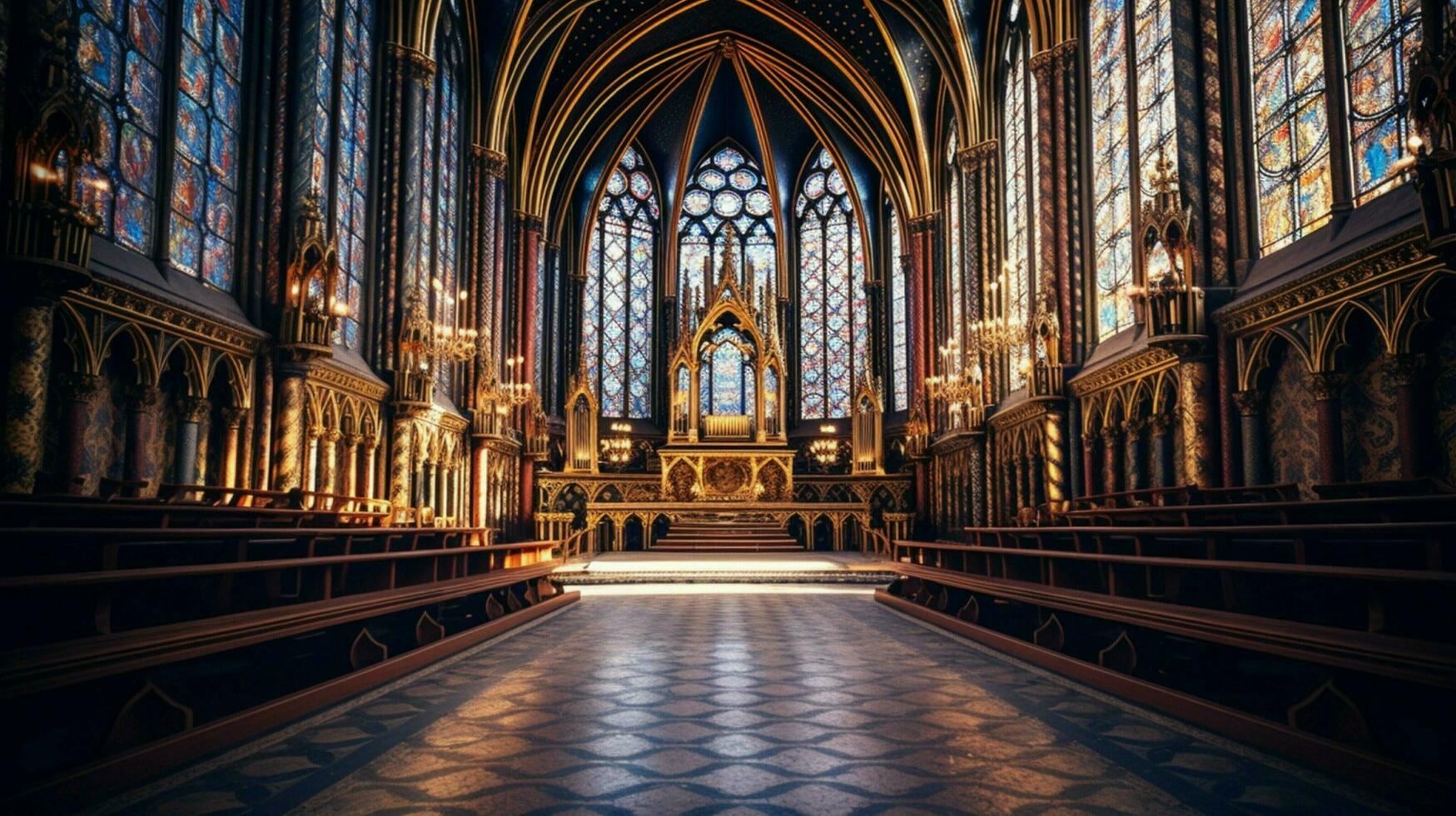 majestic gothic chapel with illuminated stained glass win photo