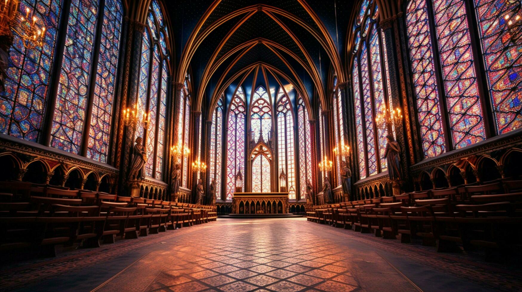 majestuoso gótico capilla con manchado vaso ventanas foto