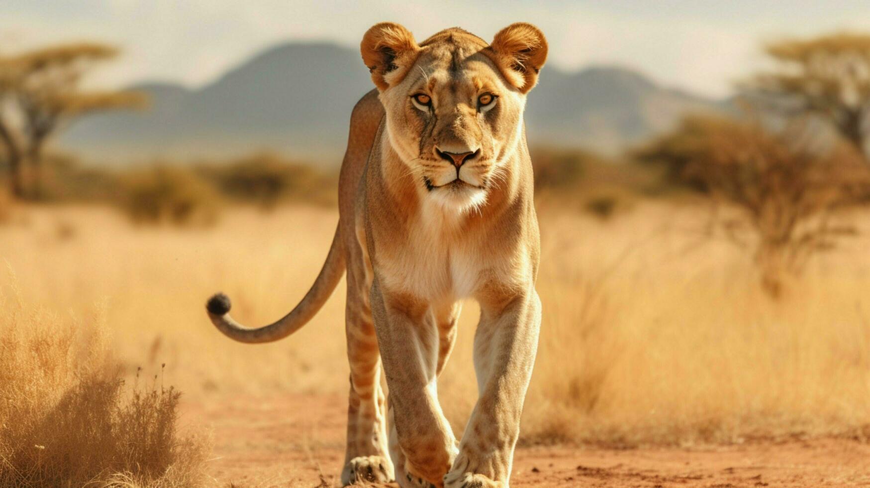 majestic lioness walking in the african savannah photo