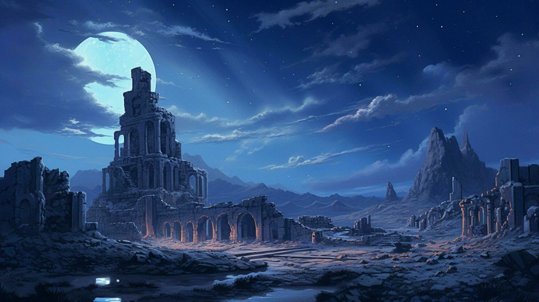 majestic ruins illuminated by twilight blue sky photo