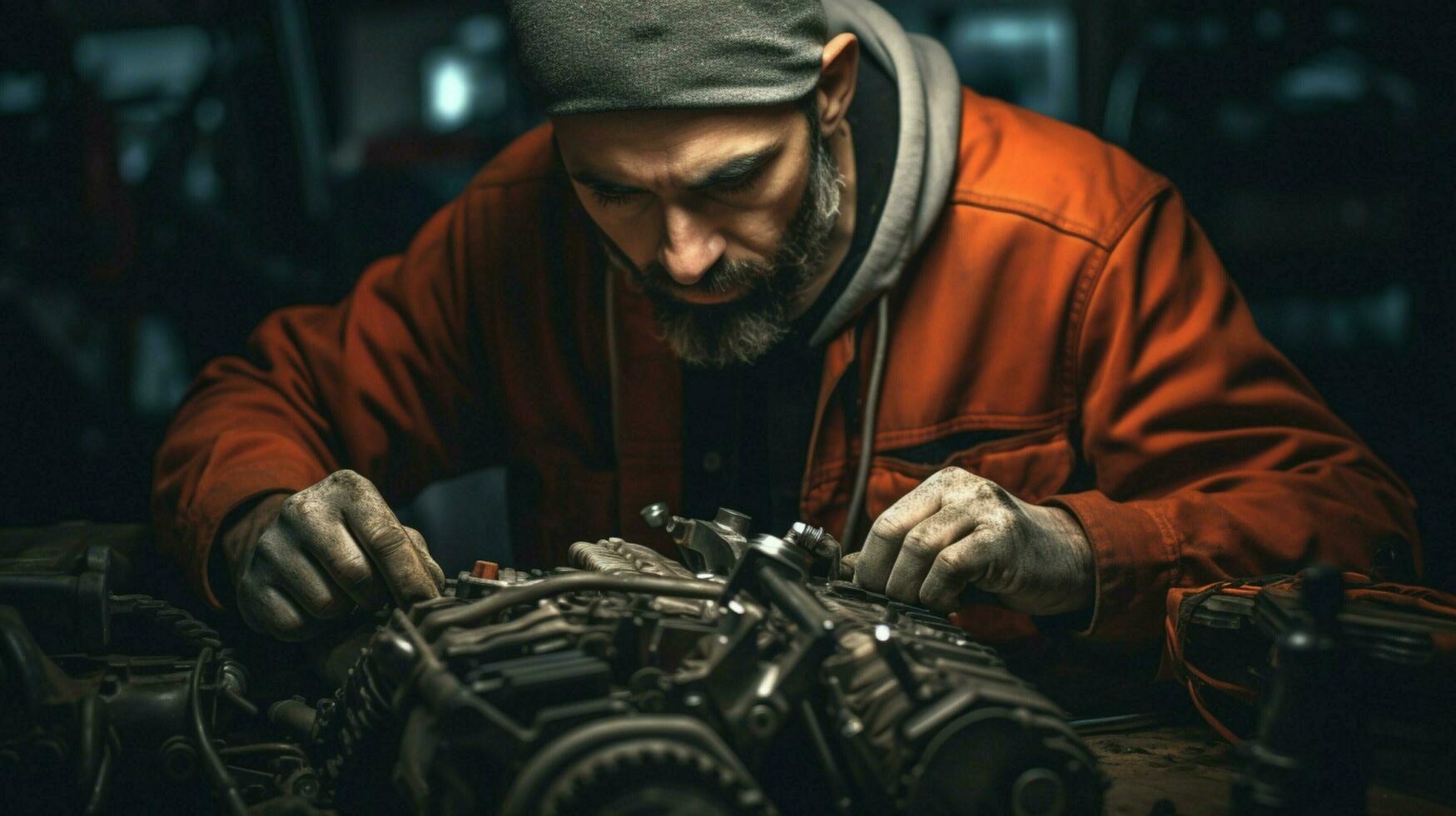 mechanic repairing car engine with wrench tool photo