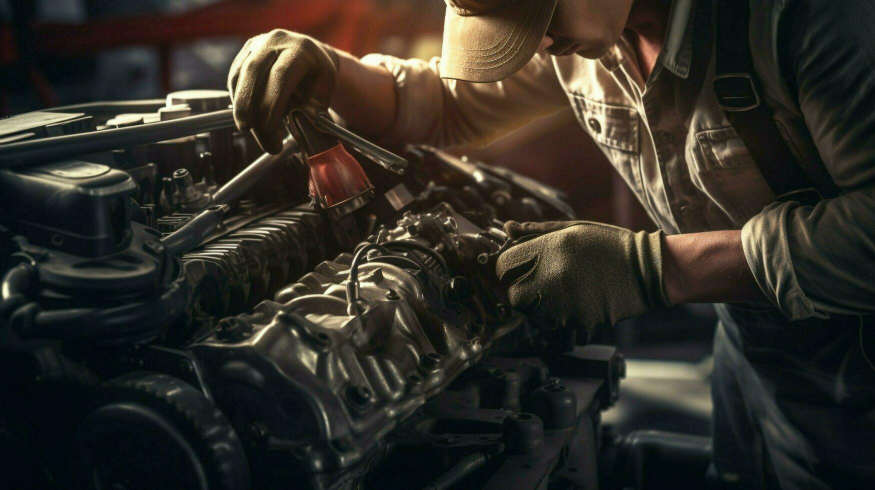 mechanic repairing car engine with wrench tool photo