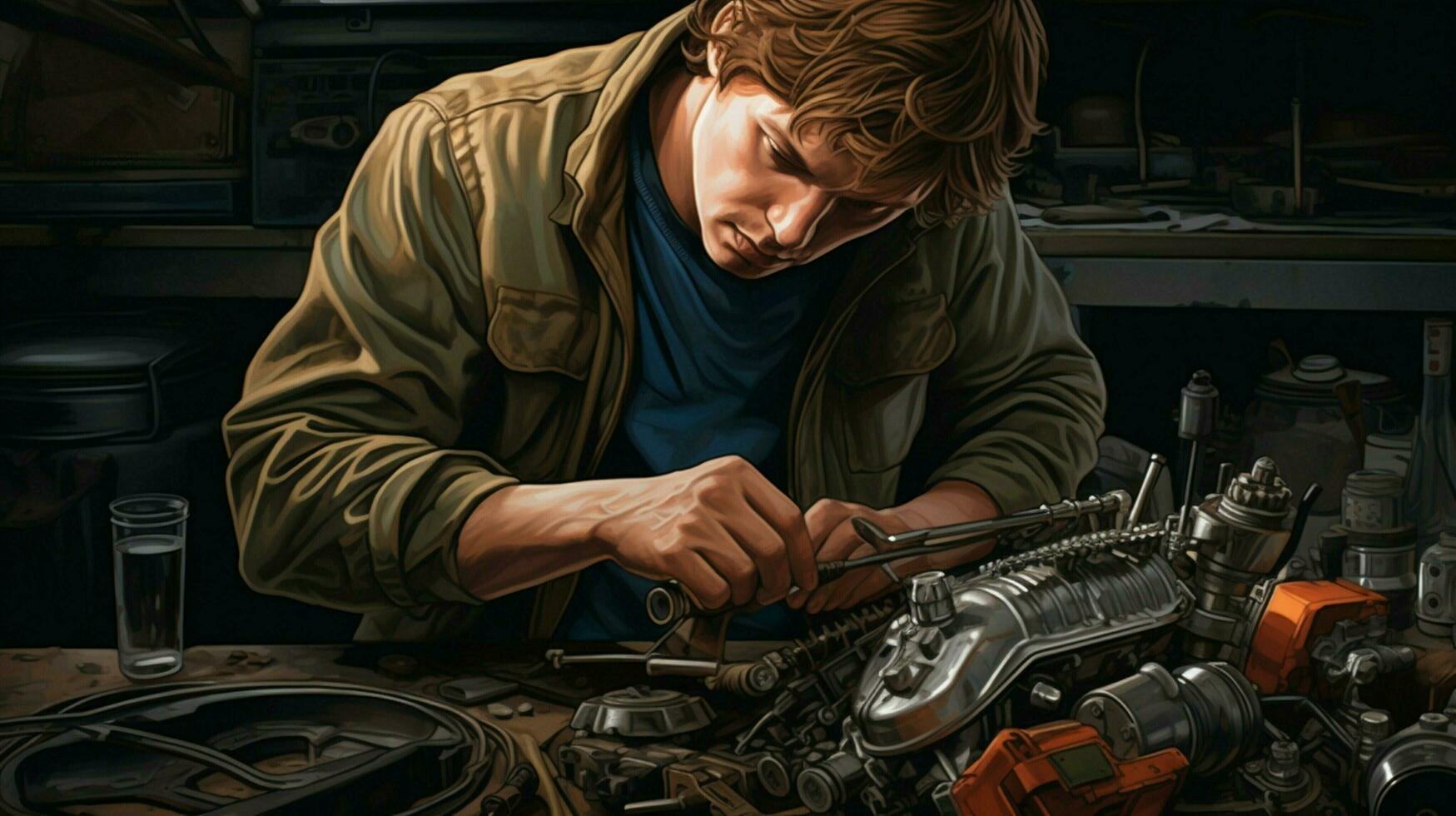 mechanic repairing car engine with wrench tool photo