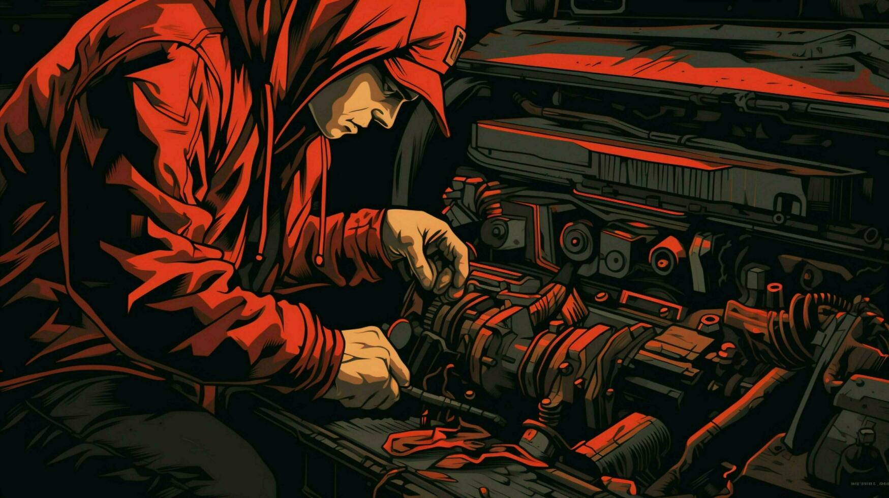 mechanic repairing car engine with wrench tool photo