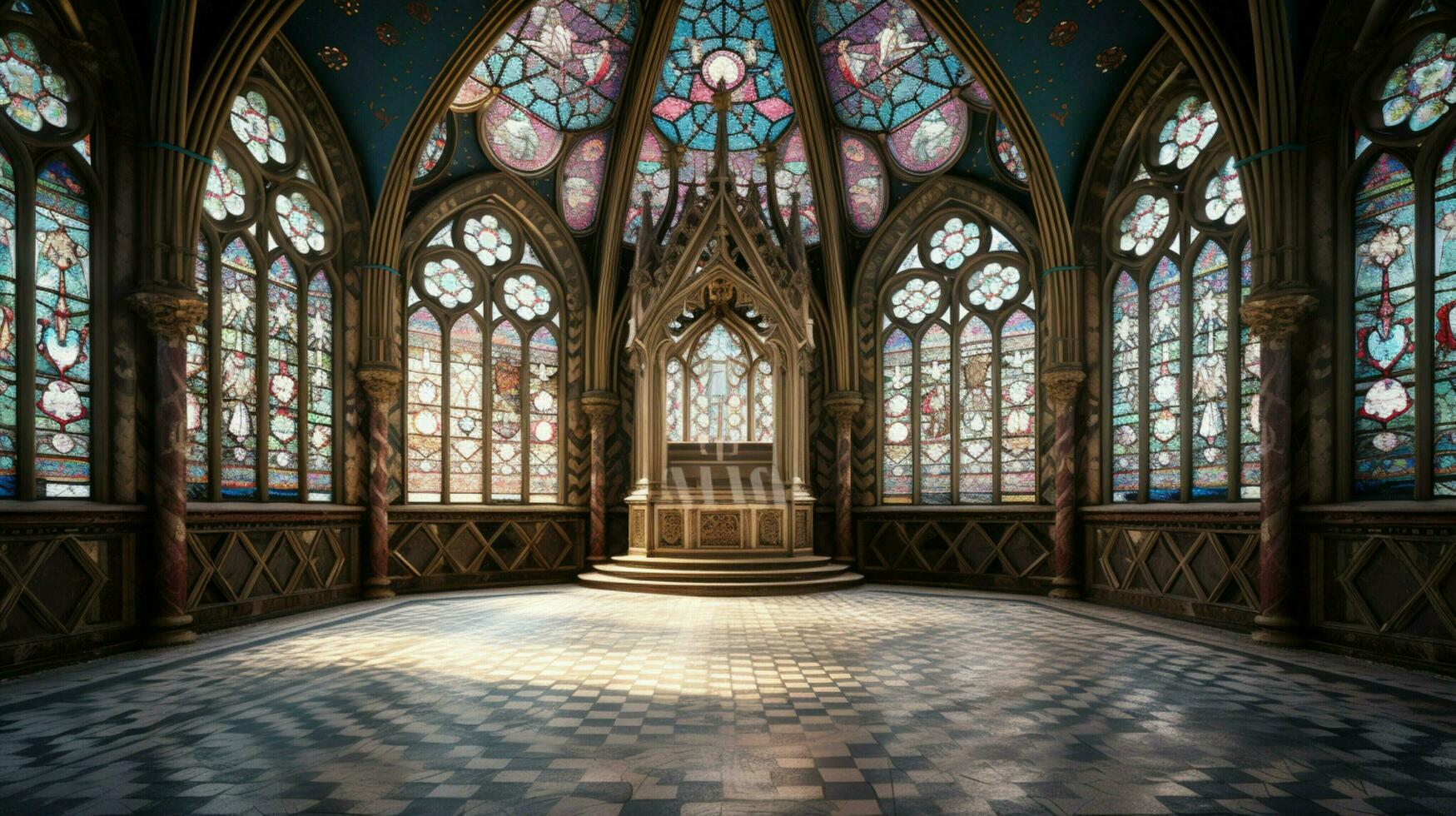 medieval capilla con gótico arquitectura manchado vaso foto