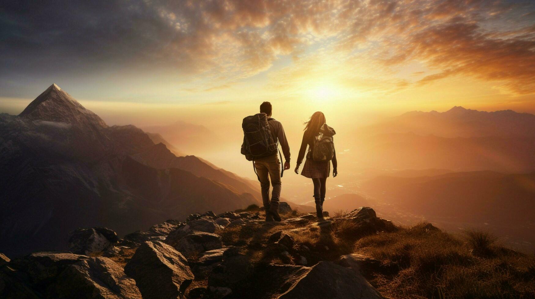men and women hiking mountain peak at sunset photo