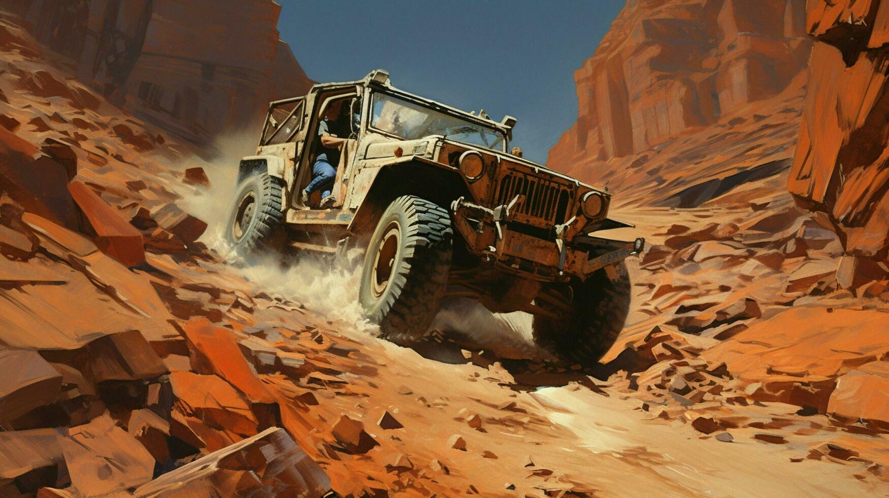 men driving off road vehicle through extreme terrain photo