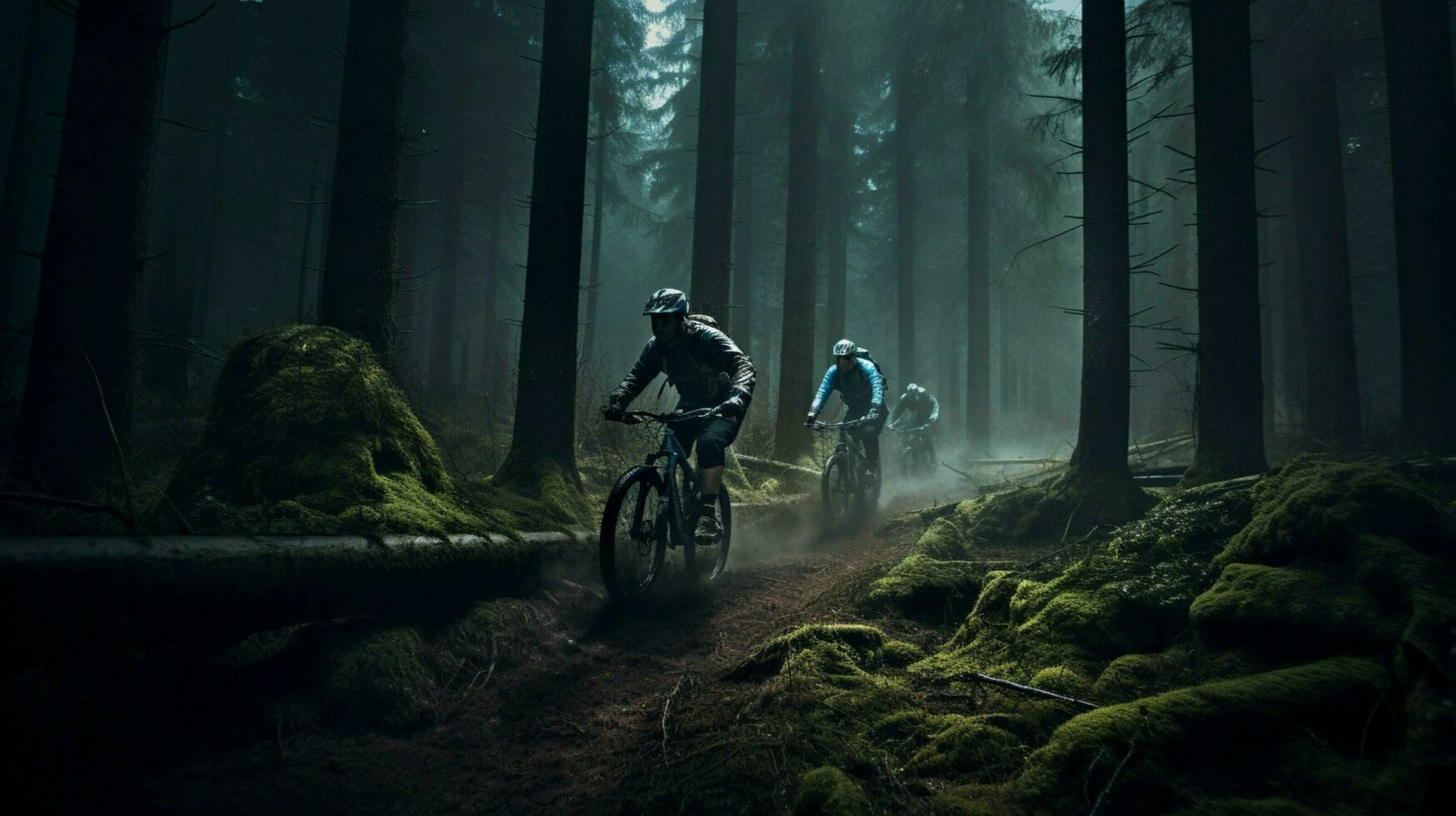 men cycling through forest extreme sports adventure photo