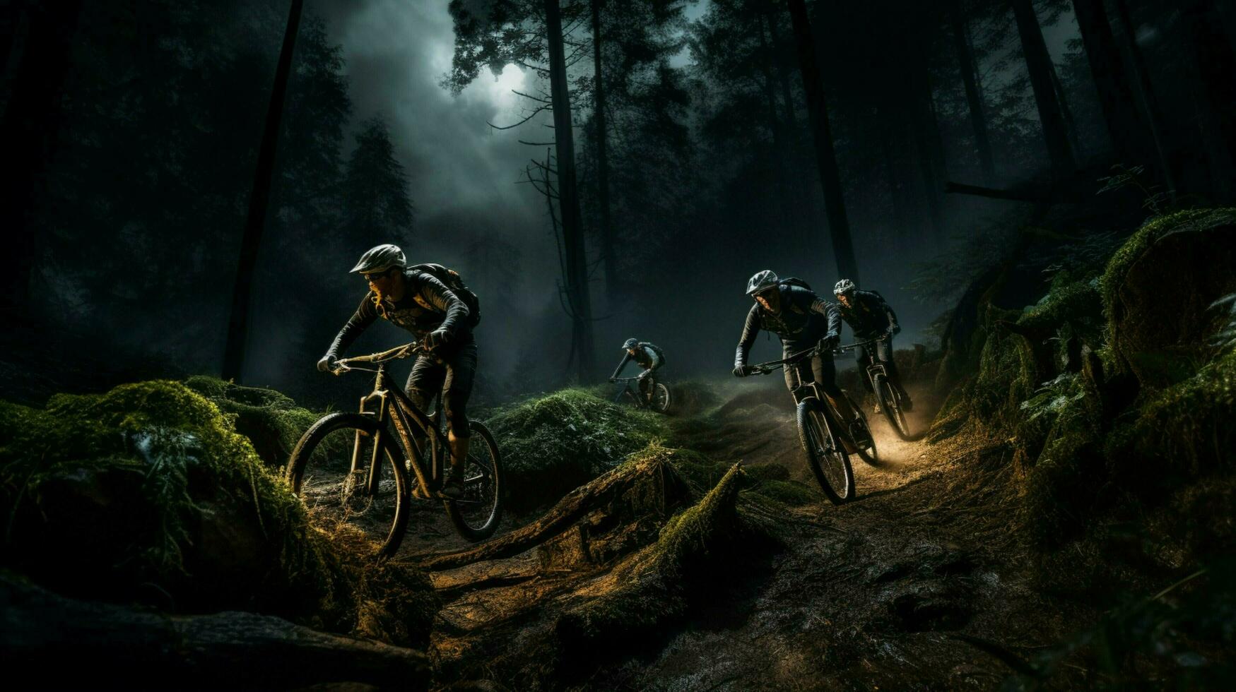 men cycling through forest extreme sports adventure photo