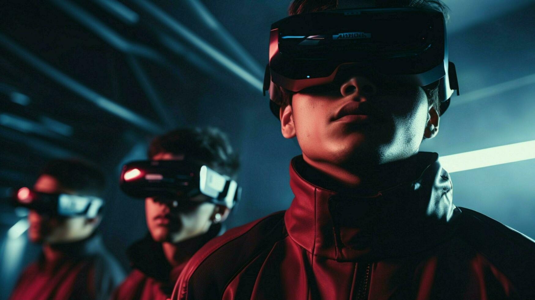 men in futuristic vr simulator wearing protective eyewear photo