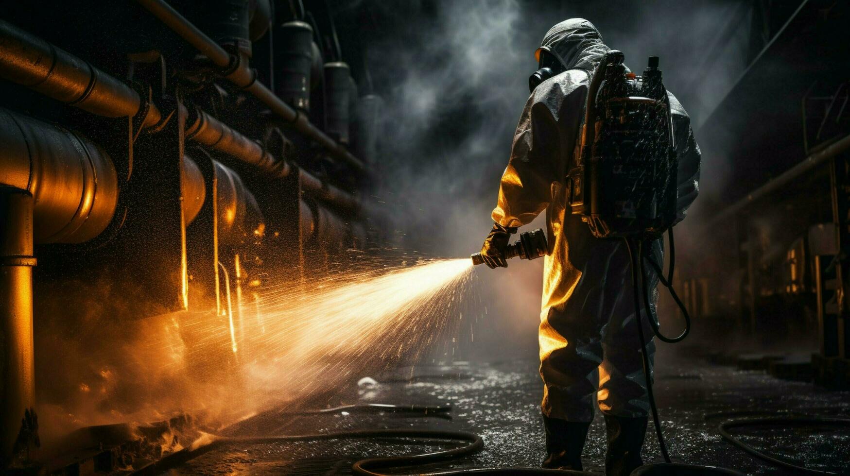 metal industry worker sprays protective suit at night photo