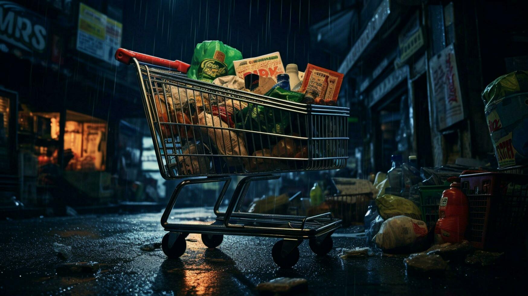 metal shopping cart filled with groceries at night photo