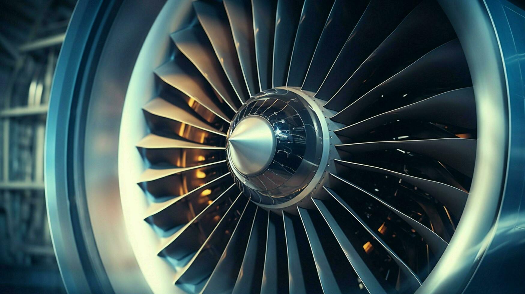 metallic propeller turning inside modern airplane engine photo