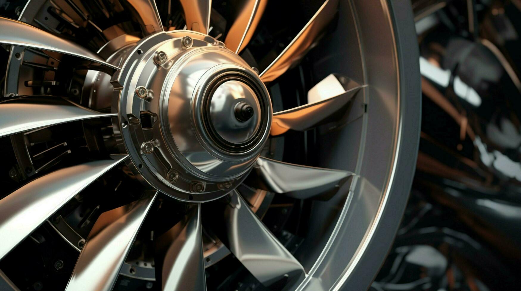 metallic propeller turning inside modern airplane engine photo