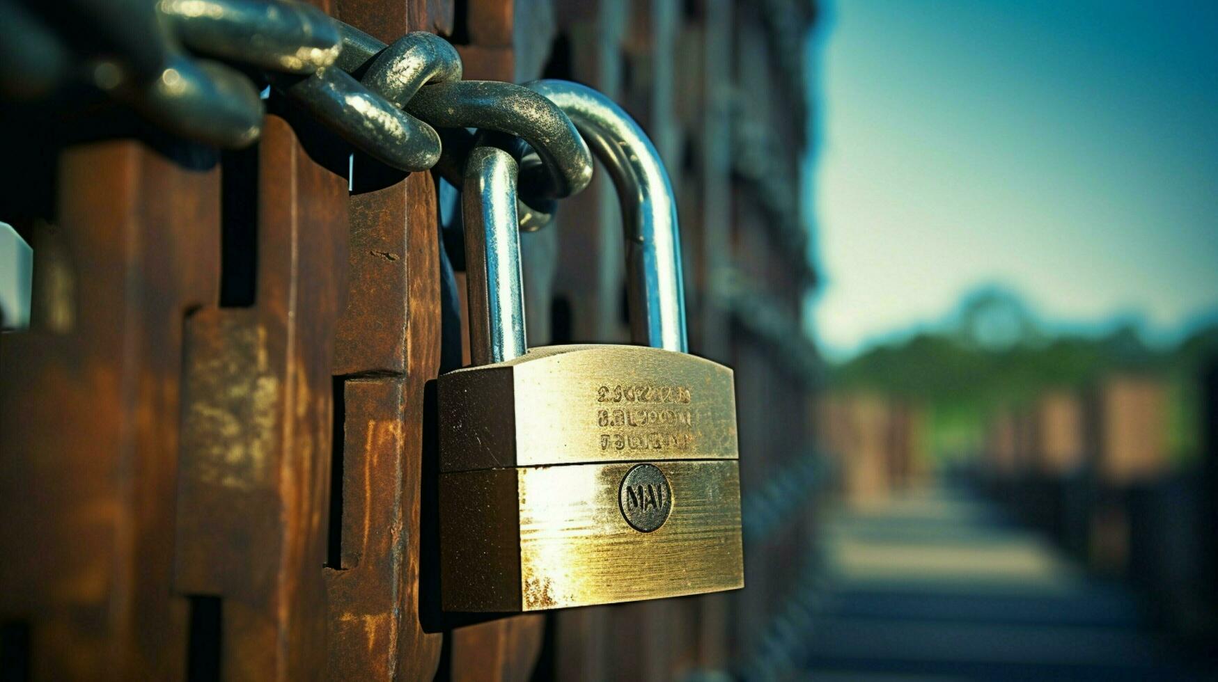 metallic padlock on chain provides security system safety photo