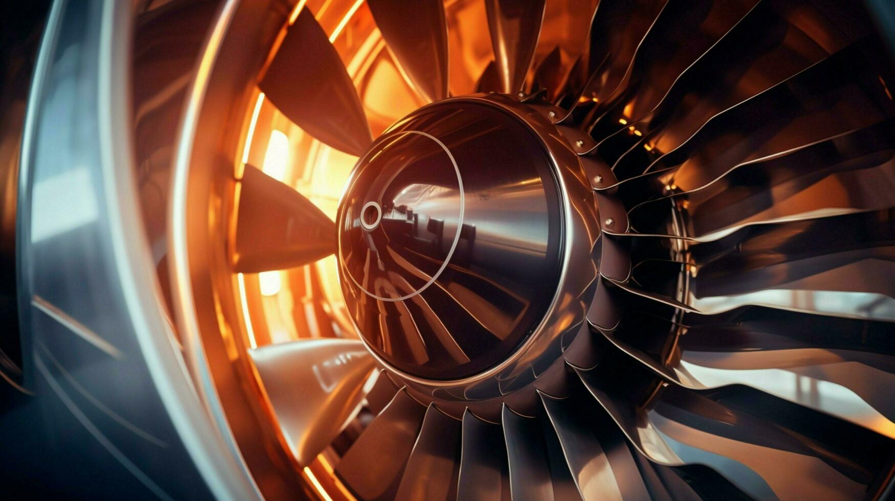 metallic propeller turning inside modern airplane engine photo