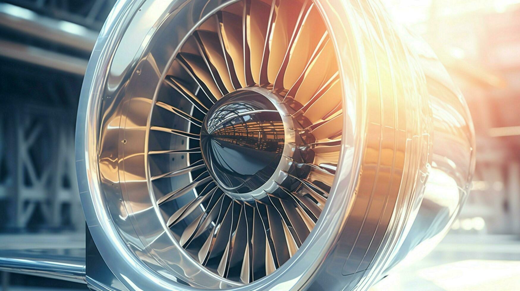 metallic propeller turning inside modern airplane engine photo