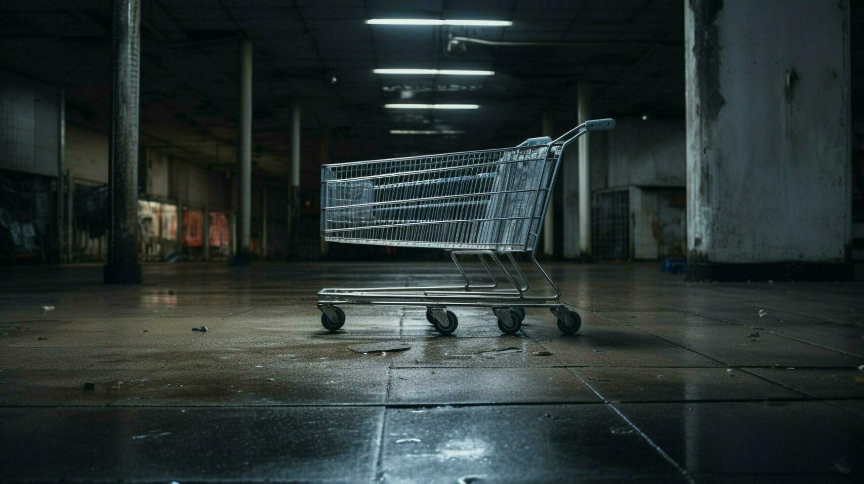 metallic shopping cart in empty supermarket photo