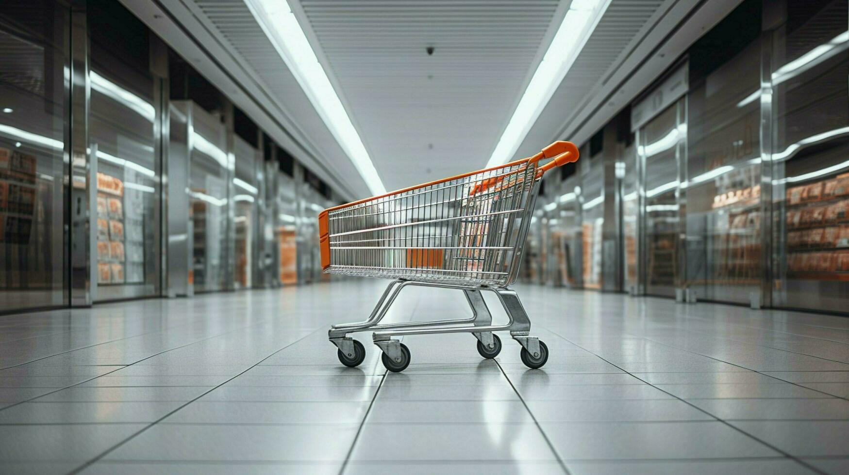 metallic shopping cart in empty supermarket photo