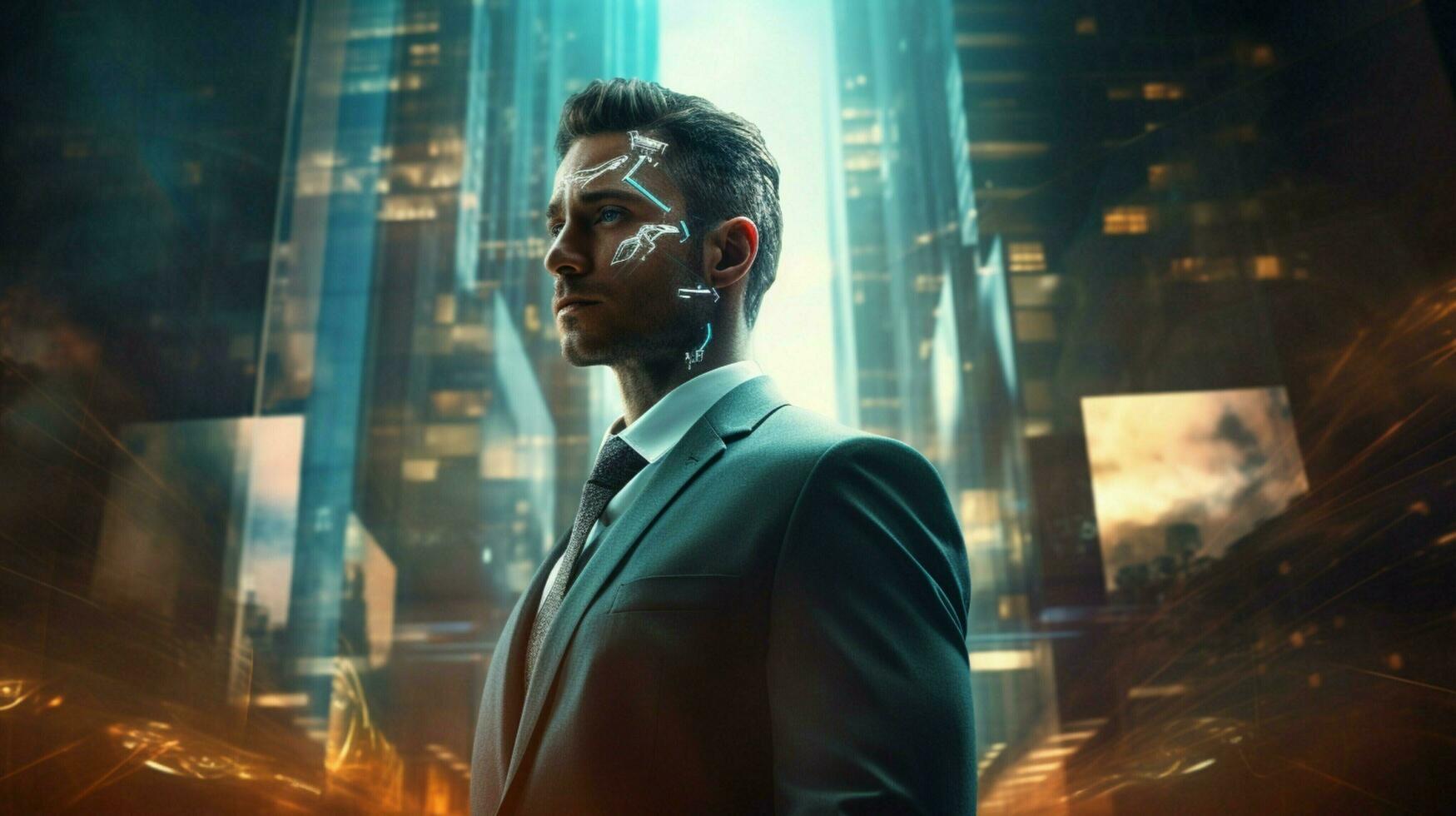 mid adult cyborg businessman in virtual cityscape game photo