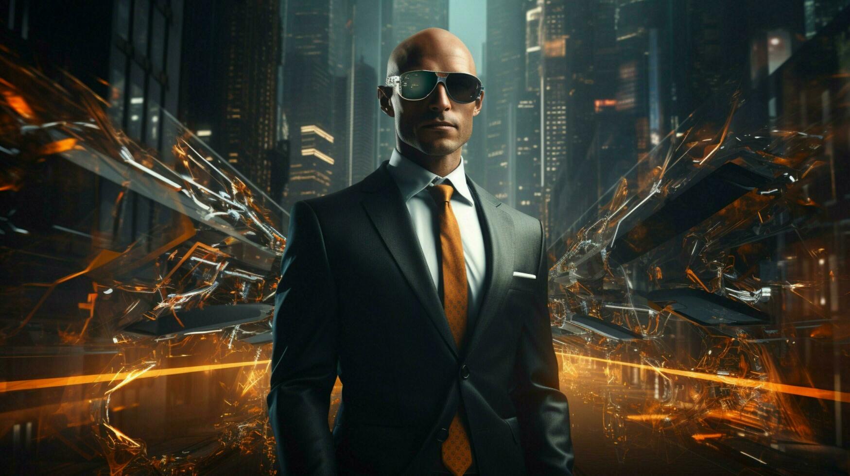 mid adult cyborg businessman in virtual cityscape game photo