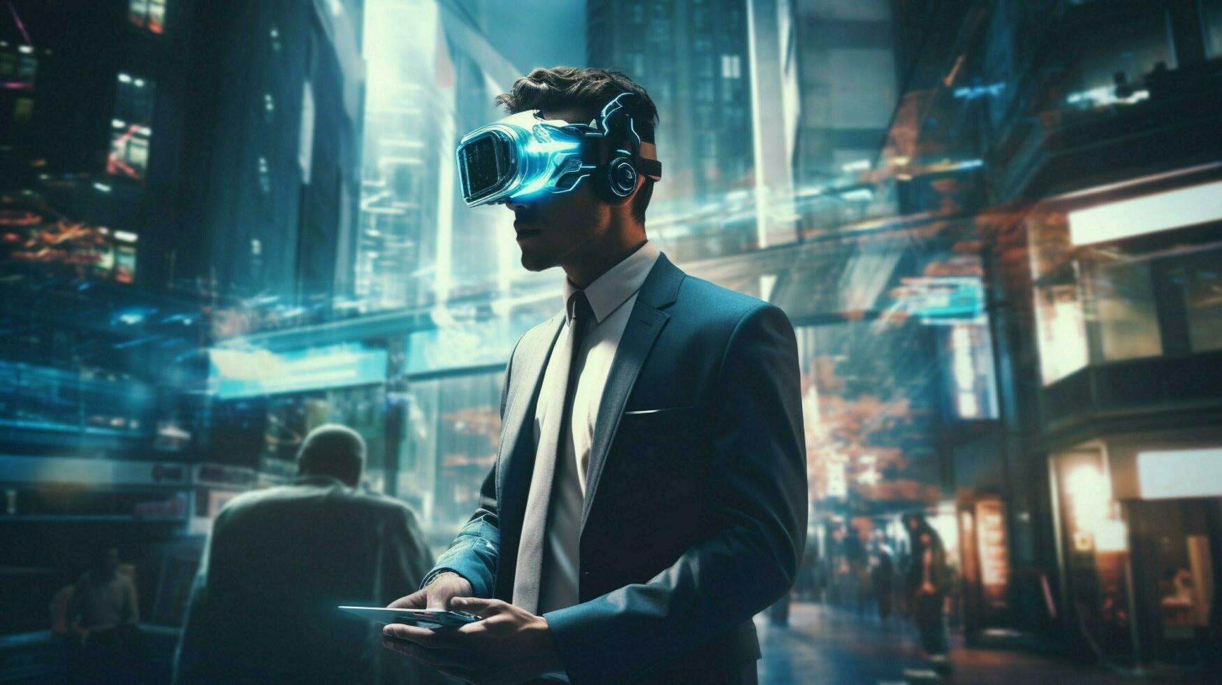 mid adult cyborg businessman in virtual cityscape game photo