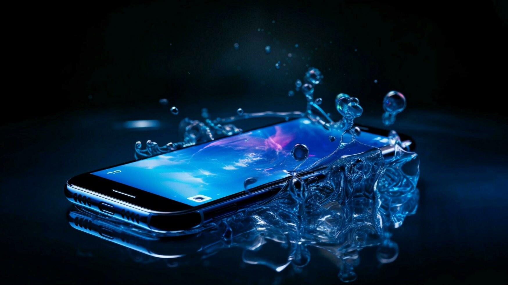 mobile phone glowing in blue reflection glass photo