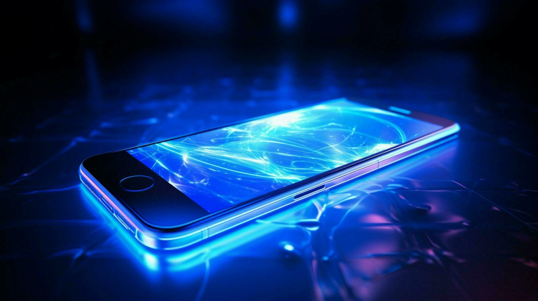 mobile phone glowing in blue reflection glass photo