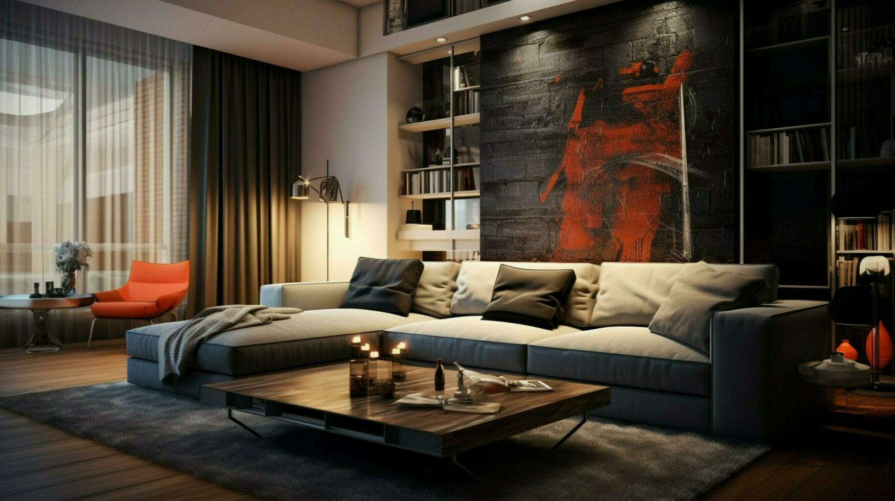 modern apartment with comfortable sofa and decor photo