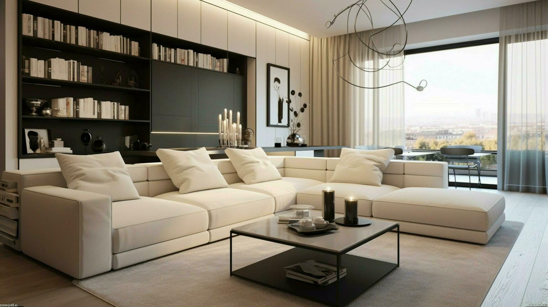 modern apartment with comfortable sofa and elegant decor photo