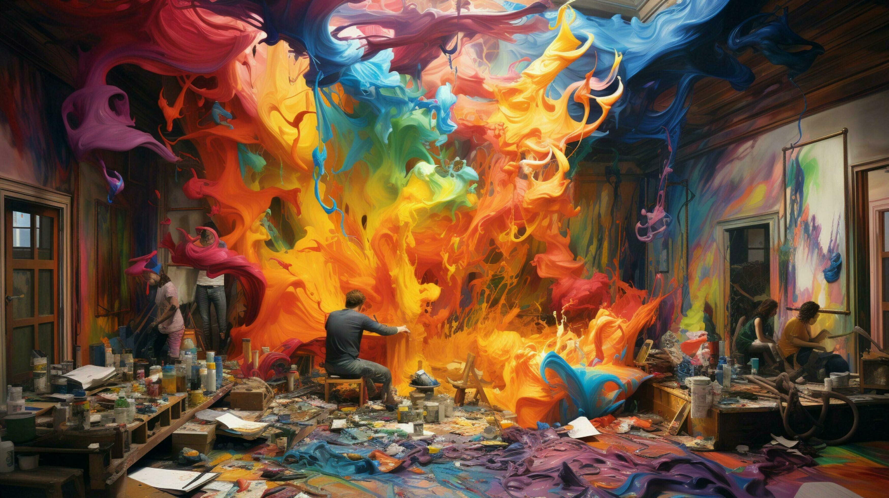 Modern Artist Creates Chaotic Vibrant Paintings Indoors 32943319 Stock 