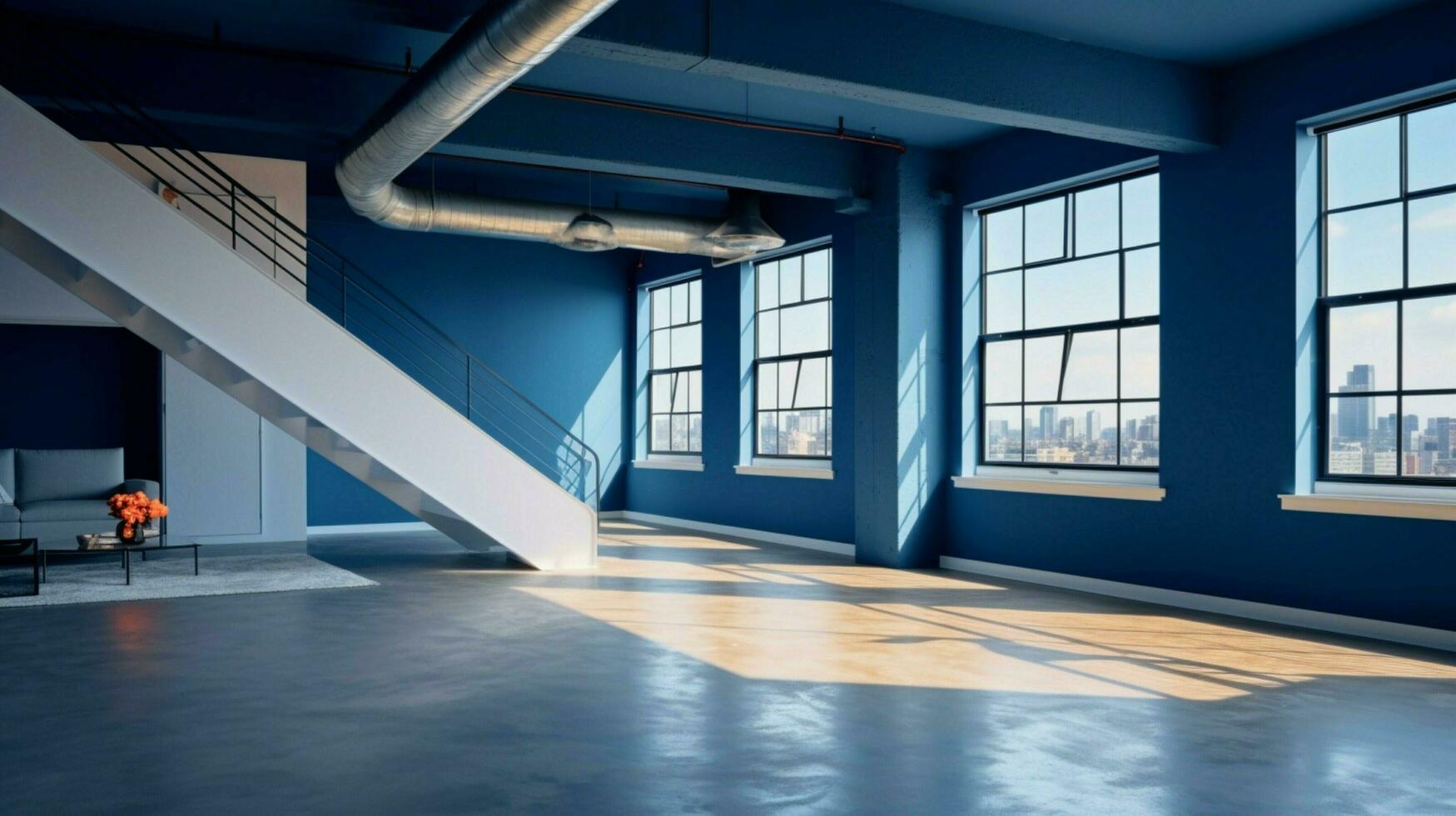 modern blue loft apartment with clean flooring and empty photo