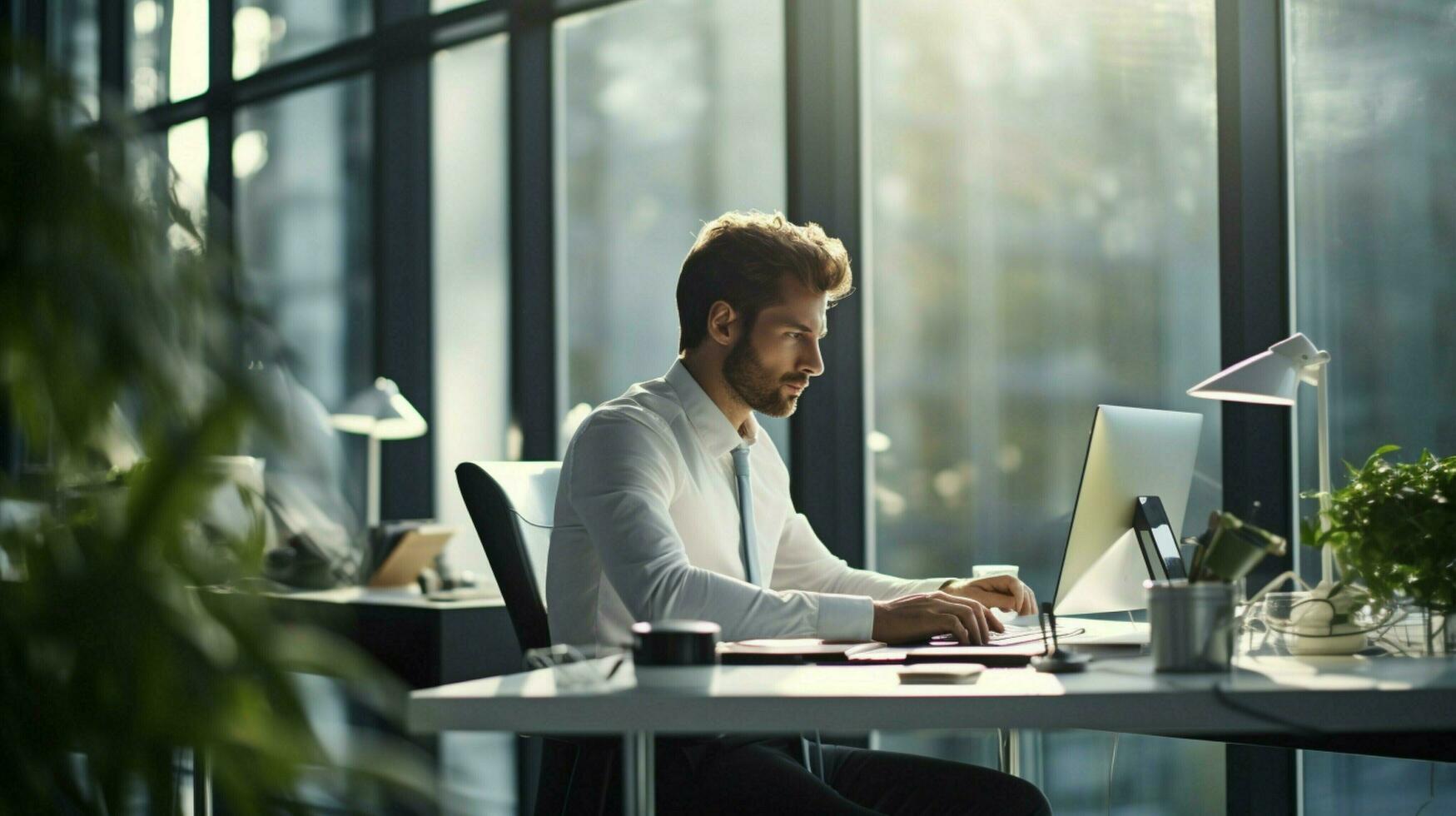 modern businessman working in bright back lit office photo