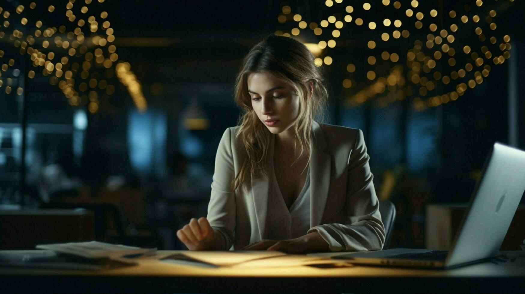modern businesswoman typing on laptop at desk in dark off photo