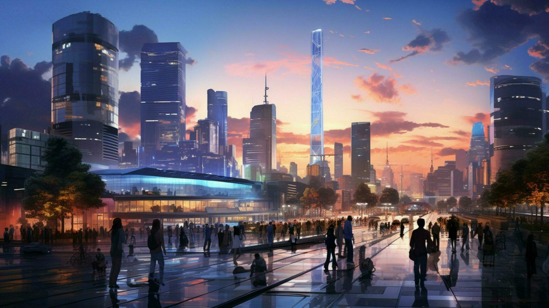 modern city bustles with business at dusk photo