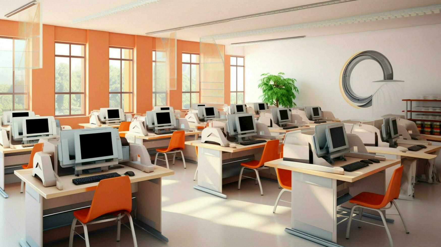 modern classroom with computer equipment for learning photo